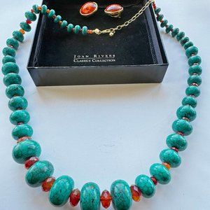 Joan Rivers Necklace 32" and Clasp Earrings, Simulated Amber and Turquoise